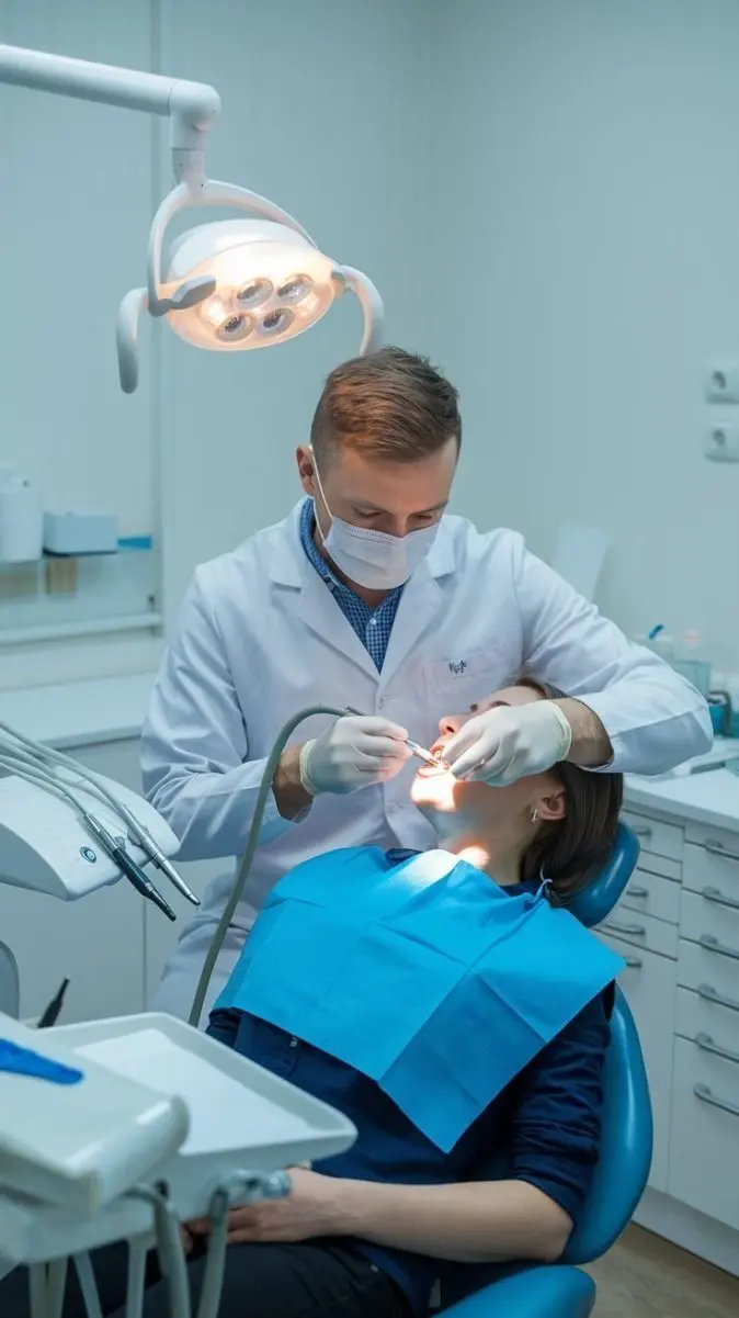 Dentista atendendo paciente em consultório equipado